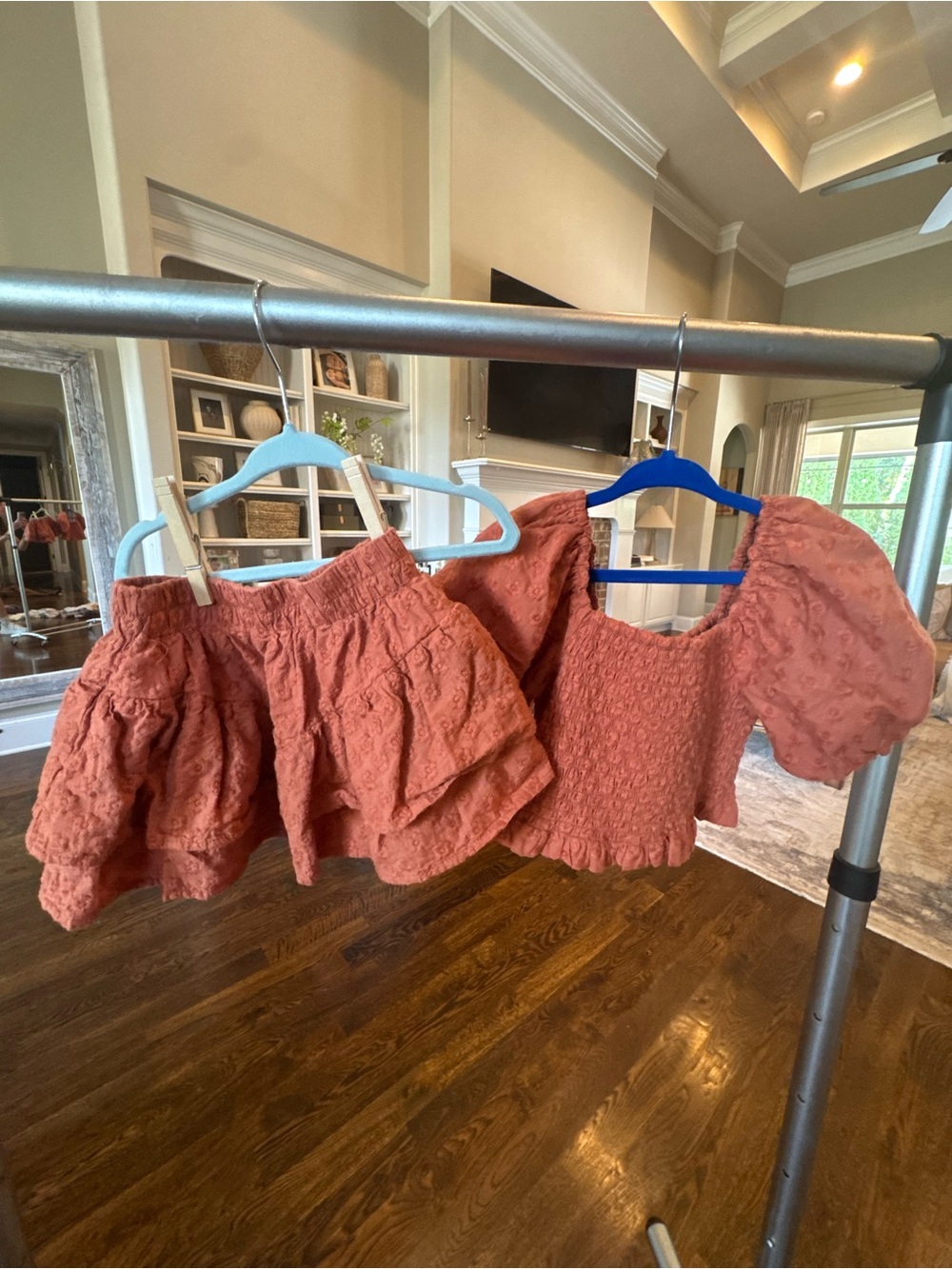 Rylee + Cru Rust Smocked Puff-Sleeve Crop Top Set